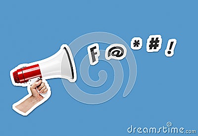 Hand holding megaphone on blue background with swear and curse symbols Cartoon Illustration