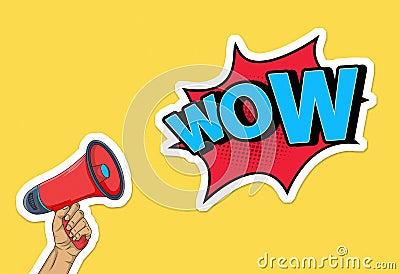 Hand holding megaphone and comic lettering wow in cartoon style Cartoon Illustration