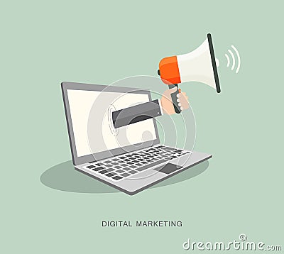 Hand holding megaphone coming out from laptop. Digital marketing Vector Illustration