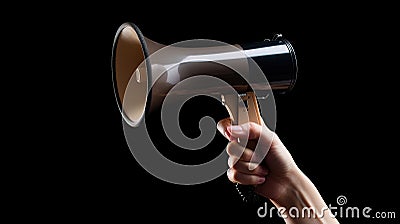 Hand holding megaphone on dark background. Al generated Cartoon Illustration