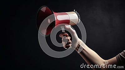 Hand holding megaphone on dark background. Al generated Cartoon Illustration