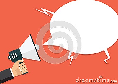 Hand holding a megaphone, flat design, promotion, social media Vector Illustration