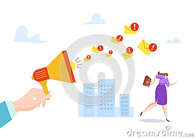 Hand holding megaphone sending alerts to businesswoman running away. Emergency announcement with urgent emails Vector Illustration