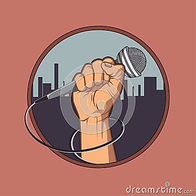 Hand holding a microphone in a fist, background Vector Illustration