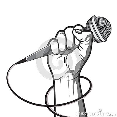 Hand holding a microphone in a fist. vector illustration in black and white style Vector Illustration