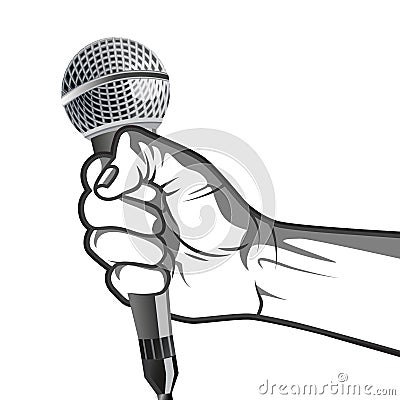 Hand holding a microphone in a fist. vector illustration in black and white style Vector Illustration