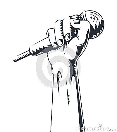 Hand holding a microphone in a fist. vector illustration. Contour hand icon with microphone. Vector Illustration