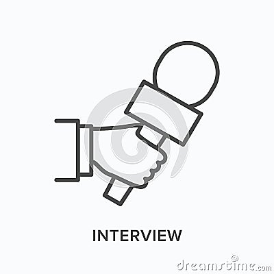 Hand holding microphone flat line icon. Vector outline illustration of journalist taking interview. Press conference Vector Illustration