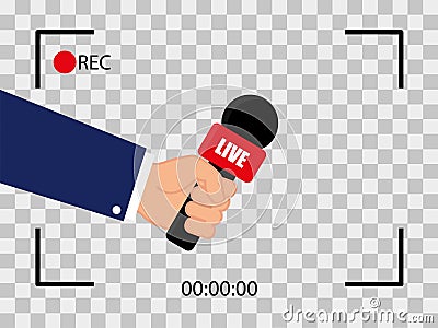 Hand holding microphone. Hand with microphone in camera frame on transparent background. Camera icon. Microphone record flat Vector Illustration