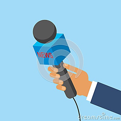 Hand holding a microphone, press conference, vector illustration. Hand holding microphone. interview Vector Illustration