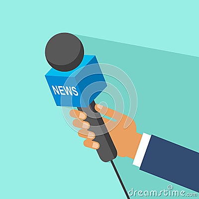 Hand holding a microphone, press conference, vector illustration. Hand holding microphone. interview Vector Illustration