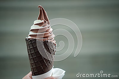 Hand holding mixed flavor soft cream in waffle Stock Photo