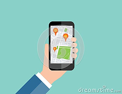 Hand holding mobile with map location navigation.mobile GPS Vector Illustration