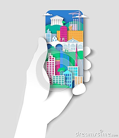 Hand holding mobile phone with city elements, urban landscape. Vector illustration in paper art style. Vector Illustration