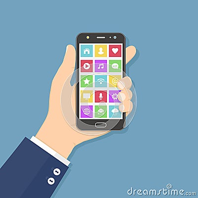 Hand holding mobile phone with colorful application icons on the screen. Flat design concept. Vector Illustration