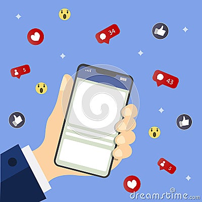 Hand holding mobile phone with icons. Concept of communication in the network. File stored in version AI10 EPS. This image Stock Photo