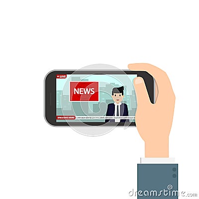 Hand holding mobile phone with online TV translation. Vector Illustration