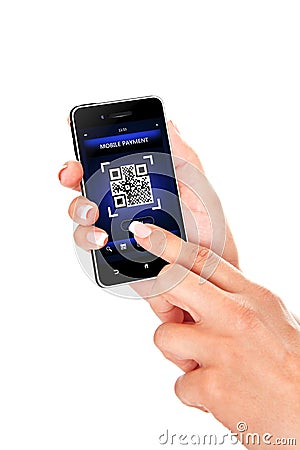 Hand holding mobile phone with qr code screen isolated over whit Stock Photo