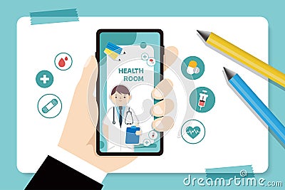 Hand holding a mobile phone: the screen shows the doctor's knowledge teaching. Healthcare vector concept. Vector Illustration