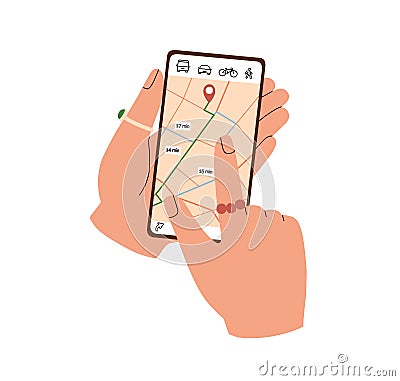 Hand holding mobile phone and searching route and location with GPS map app. Person use smartphone screen with navigator Vector Illustration