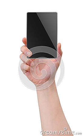 Hand holding mobile phone, tablet PC, palm gadget Stock Photo