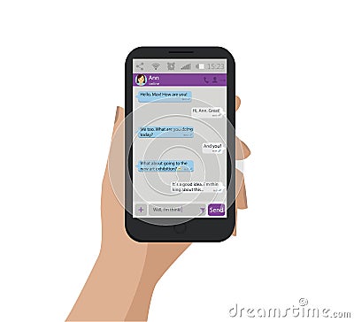 Hand holding mobile phone. Vector illustration. Chat concept. Messenger window. Cartoon Illustration