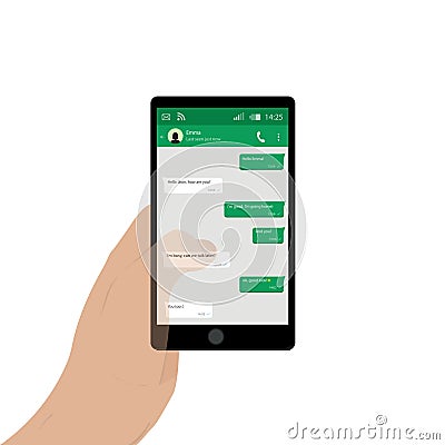 Hand holding mobile phone. Vector illustration. Social network concept. Chating and messaging concept. Green chat boxes. Cartoon Illustration