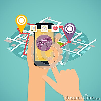 Hand holding mobile smart phone app with track displayed with bi Vector Illustration