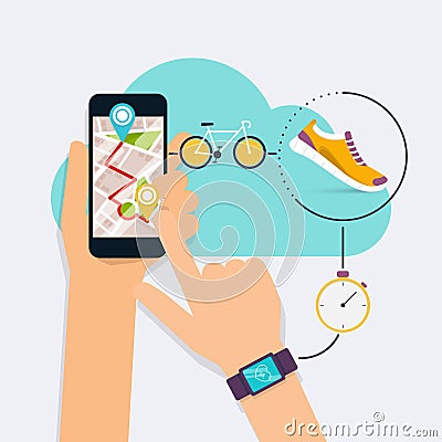 Hand holding mobile smart phone app with track displayed with route. Vector fitness route tracking concept illustration. Flat Vector Illustration