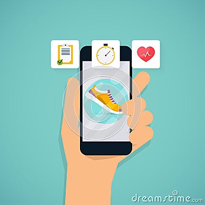 Hand holding mobile smart phone app with track displayed with route. Vector fitness route tracking concept illustration. Flat Vector Illustration