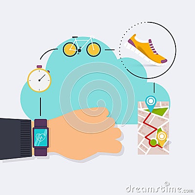 Hand holding mobile smart phone app with track displayed with ro Vector Illustration