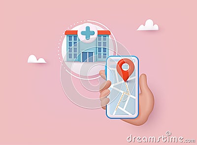 Hand holding mobile smart phone with application search pharmacy. Find closest on city map. 3D Web Vector Illustrations Vector Illustration