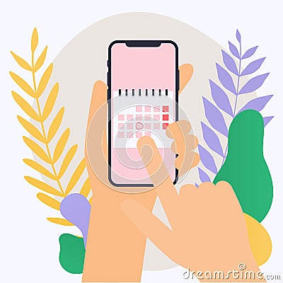 Hand holding mobile smart phone with calendar plan. Vector modern flat creative info graphics design on application. Vector Illustration