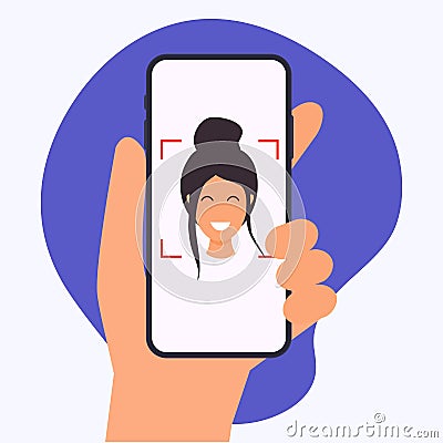 Hand holding mobile smart phone with face recognition app. Vector modern flat creative info graphics design on application Vector Illustration