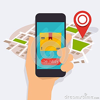 Hand holding mobile smart phone with mobile app delivery tracking Vector Illustration