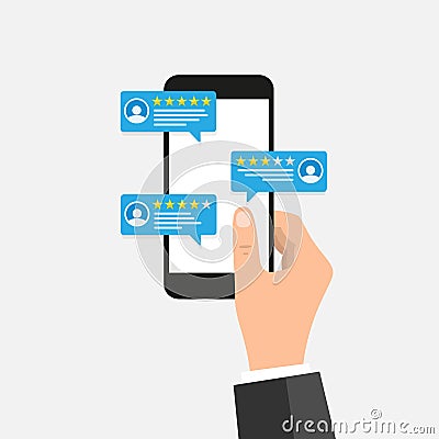 Hand holding mobile smart phone with review rating. Reviews stars with good and bad rate and text, concept of testimonials Vector Illustration