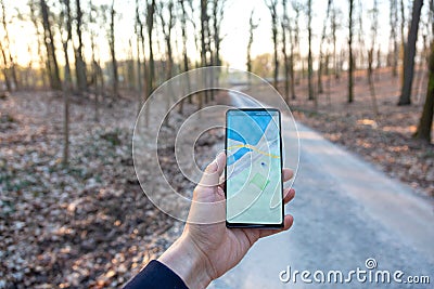 Hand holding a mobile telephone showing a gps map in a forest background Stock Photo