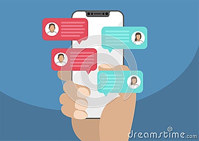 Hand holding modern bezel free / frameless smartphone with chat message notifications. Illustration of chatting speech bubbles Vector Illustration