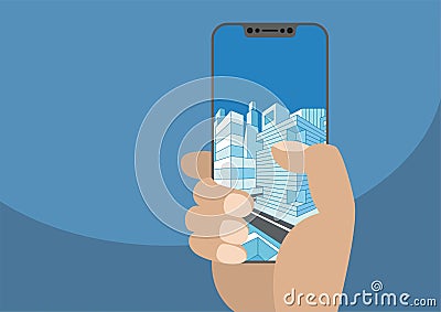 Hand holding modern bezel free smartphone. City displayed on frameless touchscreen. Vector Illustration