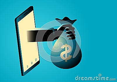 Hand holding money bag comes out from smart phone screen Vector Illustration