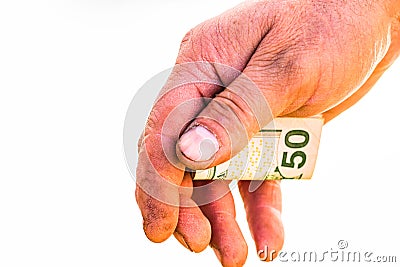 Hand holding money like bribe or tips isolated, hard worked hand taking dollars money. Reward for hard work Stock Photo