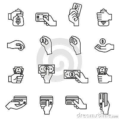 Hand holding money, money bag, coin and credit card icon set. Vector Illustration
