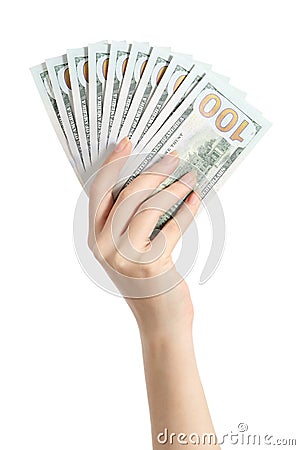 Hand holding money one hundred dollars banknotes Stock Photo