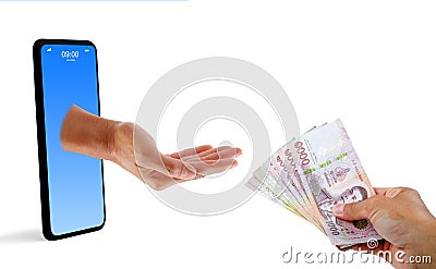 Hand holding a money 1000 thai baht. for buy - sell a products. Stock Photo