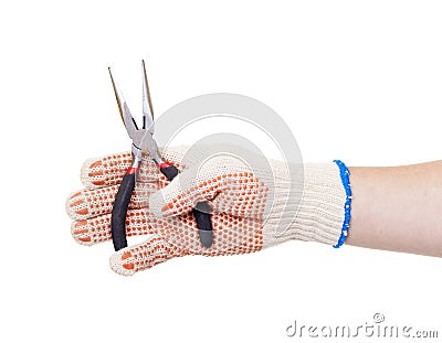 Hand holding the needle nose pliers Stock Photo