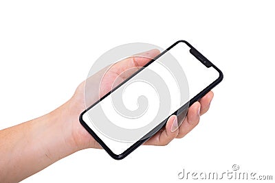 Hand holding new smartphone on white background Stock Photo