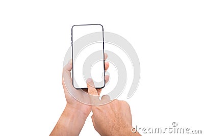 Left hand holding new smartphone, right hand use new smartphone Stock Photo