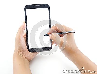 Hand holding and note on Black Smartphone with blank screen Stock Photo