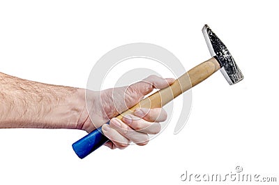 Hand holding old hammer handle equipment for construction Stock Photo