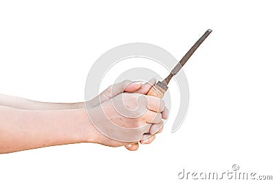 Hand holding old rusty chisel isolated on white background Stock Photo